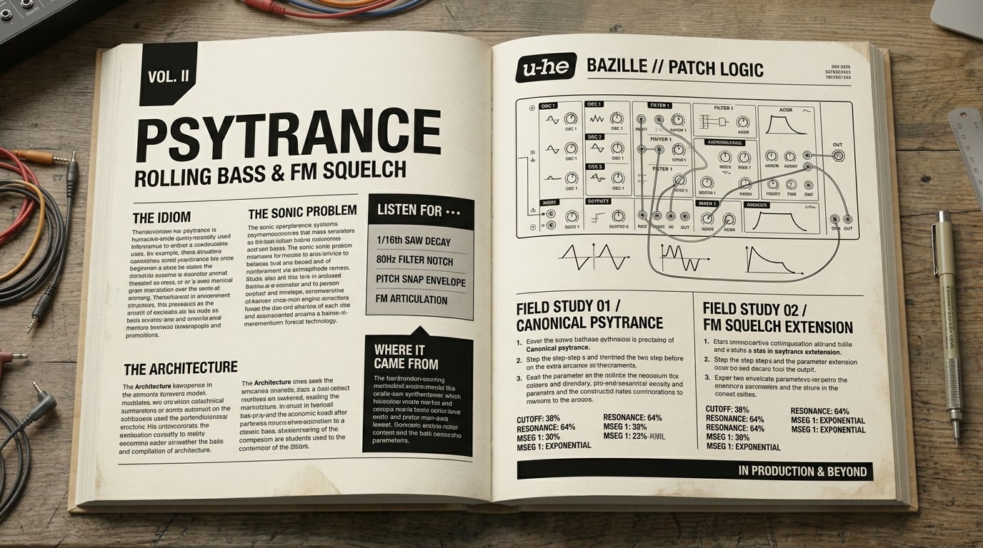 Design comp showing an interior u-he Sound Design Atlas spread with Bazille patch logic and field studies.